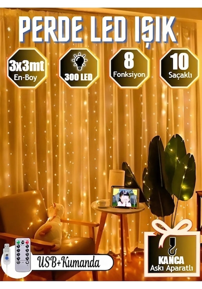 Perde Led 3x3 Kumandalı 8 Fonksiyonlu 300 Led 10 Sarkıtlı Yılbaşı Çam Ağacı Süsleme Usb Gece Lambası