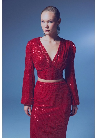 Sateen Kruvaze Payetli Crop Bluz - Kırmızı