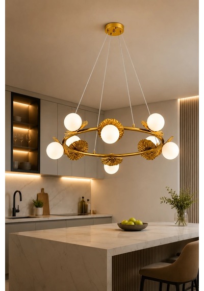 Modern Premium 8li Eskitme Halka Sarkıt Avizesi Salon Mutfak Oturma Odası Şık Modelleri 80cm G9 Duy Gold