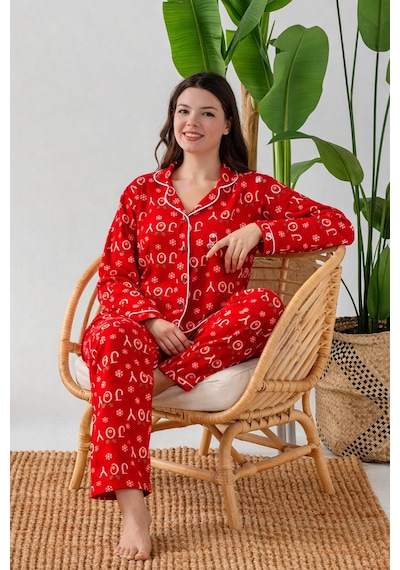 Nisanca Kışlık Yılbaşı Desenli Kadın Gömlek Polar Pijama Takımı- Geyikli Yılbaşı Pijaması- Büyük Beden Pijama Kırmızı