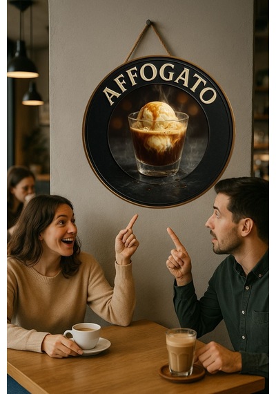 Affogato Temalı Yuvarlak Cafe Tabelası, Jüt İpli Ahşap Duvar & Kapı Dekoru, Barista Tarzı Süs