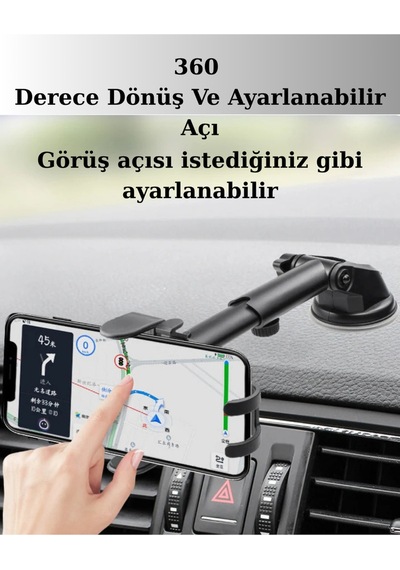 Vakumlu Araç İçi Telefon Tutucu Cam & Torpido Uyumu, 360 Ayarlanabilir Siyah