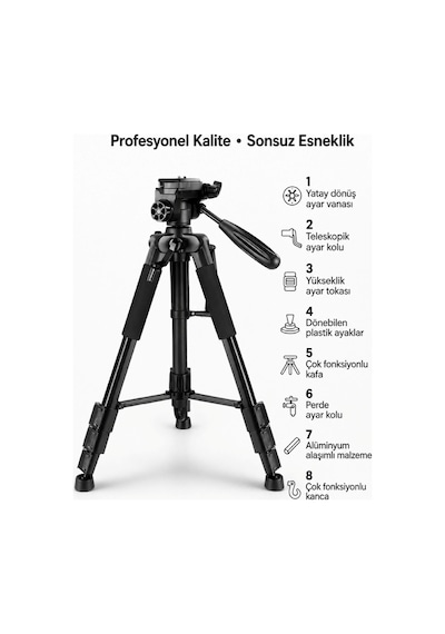 Profesyonel Kamera Ve Telefon Tripodu 175 Cm Ayarlanabilir Çantalı
