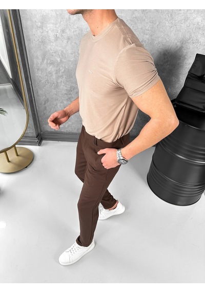 Modefendi Yüksek Kalite Slimfit Merserize Kumaş Bisiklet Yaka Tshirt Krem