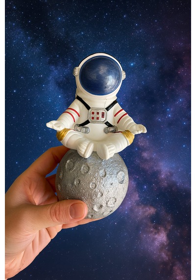 Momiko Uzay Temalı Meditasyon Yapan Beton Astronot Masaüstü Heykeli - Dekoratif Mini Figür -