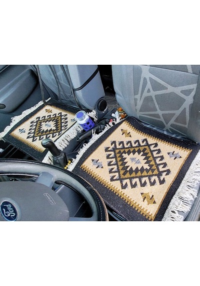 Reversible Oto Koltuk Kilim Seti 3 Parça Makine Dokuma Akrilik & Polyester Saçaklı - Siyah