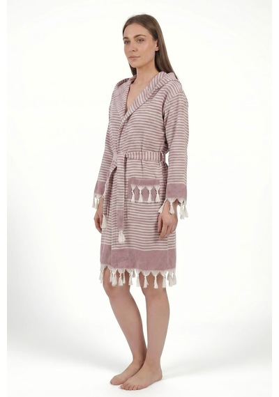 Kapşonlu Unisex Peştemal Plaj Bornozu %100 Pamuklu Seaside Stripe Bordo