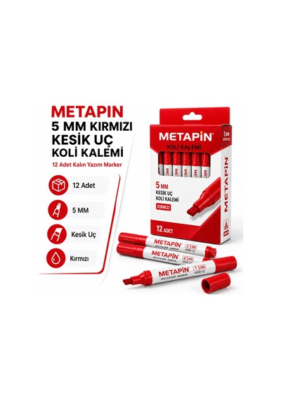 Metapin 5 Mm Kırmızı Kesik Uç Koli Kalemi 12 Adet Kalın Uçlu Marker Koli Markörü Ambalaj İşaretleme