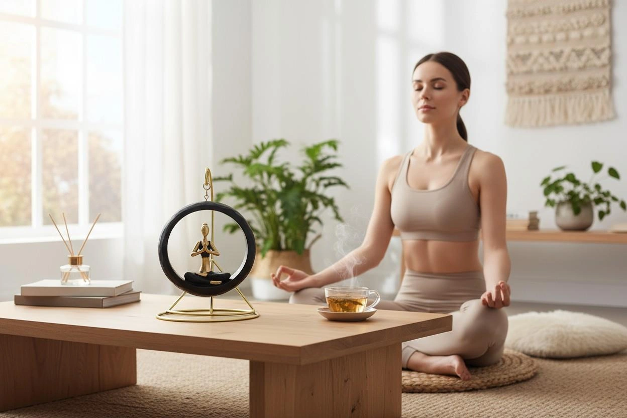Modern Stil Askılı Sallanan Yoga Yapan Kadın Heykeli 18 Cm Dekoratif Meditasyon Biblo Ev Ofis Süsü B