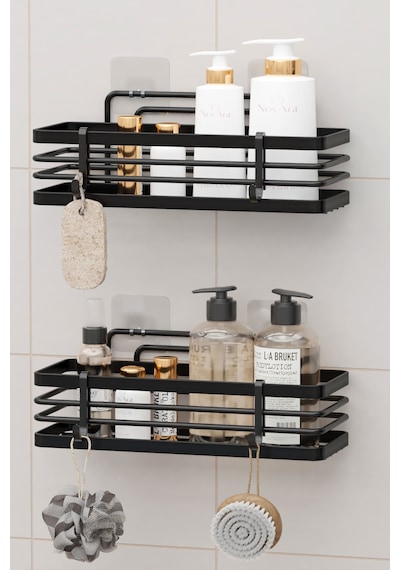 Yapışkanlı Lamalı Banyo Rafı Duş Şampuanlık Duvar Düzenleyici Organizer 2li Set Duş Rafı Organizeri Siyah