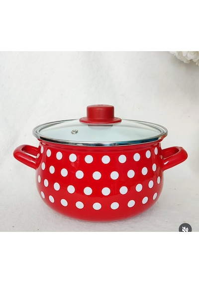 Retro Kırmızı Puantiyeli 20 Cm 3 Litre Emaye Süt Yoğurt Tencere