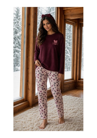 Pemilo Kadın 8811-3 Berlin Uzun Kol Sıfır Yaka Pijama Takım Bordo