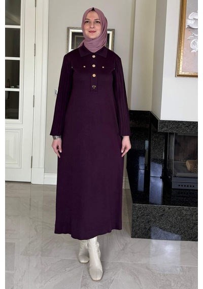Rabia Şamlı Beste Triko Elbise Mürdüm Normal