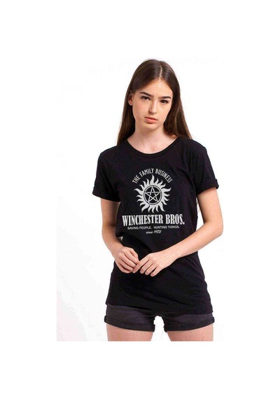 Supernatural Winchester Bros Baskılı Siyah Kadın Tshirt