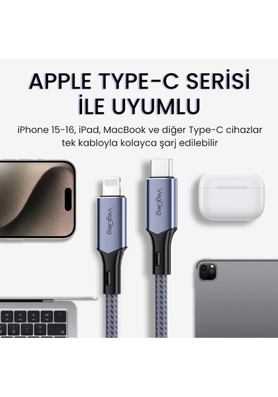 27w 3a Usb Type-c To Lightning Apple Uyumlu iPhone iPad Hızlı Şarj Ve Data Kablosu 1.2 Metre Standart