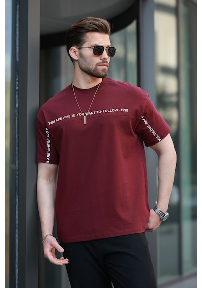 Madmext Bordo Bisiklet Yaka Baskılı Basic Tişört E7156 Bordo