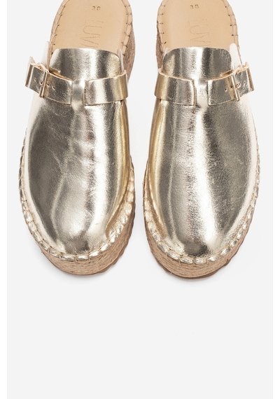 Luvishoes Novas Altın Hakiki Deri Burnu Kapalı Hasır Dolgu Taban Terlik Altın