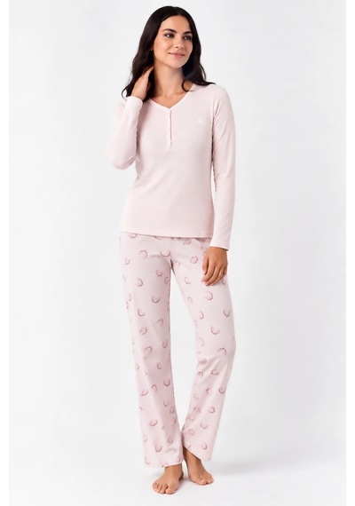 Pierre Cardin V Yaka Düğmeli Modal Kadın Pijama Takımı Toz Pembe