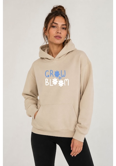 Herkesemoda Grow Bloom Baskılı Kapüşonlu 2 İplik Şardonlu Sweatshirt Bej