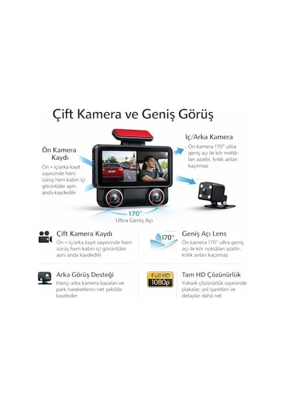 Ön Ve Arka Kameralı 2.0 Ips Hd Ekran Wifi Ve G Sensörlü Akıllı Araç Kamerası Cmr100