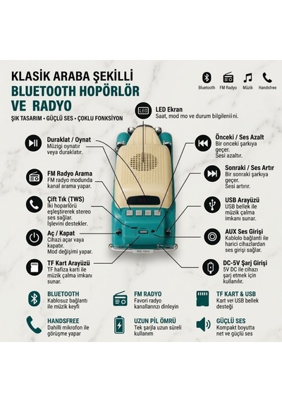 Buffer Retro Klasik Araba Bluetooth Hoparlör, Işıklı Nostaljik Radyo, Yuvarlak Far Detaylı Kablosuz Müzik Çalar