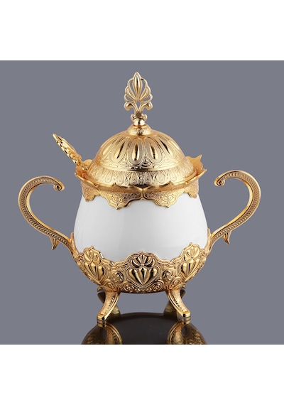 Kapaklı Ve Kaşıklı Lüks Porselen Şekerlik Lokumluk Gümüş Gold