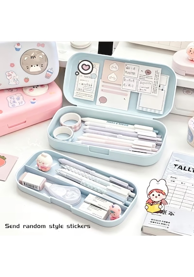 Sevimli Kawaii Figürlü Kalem Kutusu Çok Bölmeli Çift Katlı Büyük Kapasiteli Kalem Kutusu Sticker'lı Kalem Kutusu Sticker Yapıştırılabilir Kalemlik Sticker Kalemlik Mavi