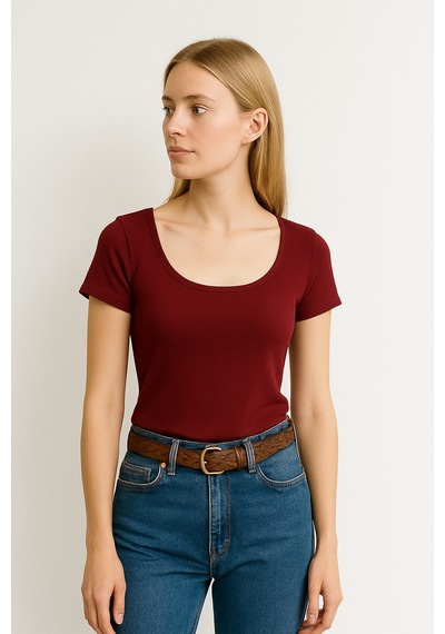 Madmext Bordo Geniş Yaka Kadın T-shirt Mg2341 Bordo