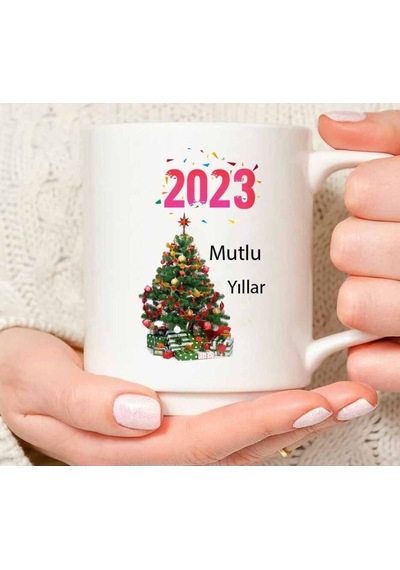 2023 Çam Ağacı Yeni Yılınız Kutlu Olsun Christmas New Year Iki Tarafı Baskılı Kupa Bardak Çok Renkli
