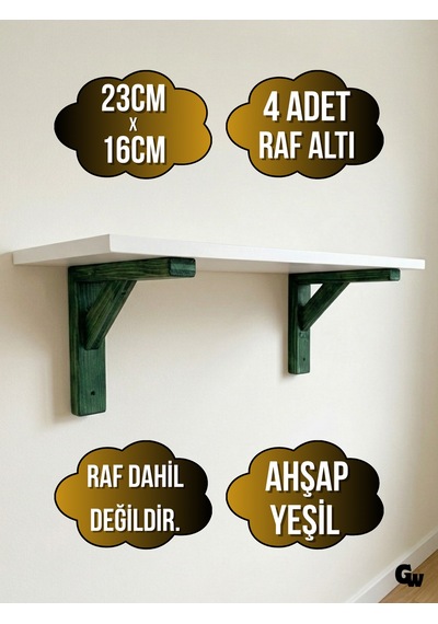 Raf Altı Ahşap Tutucu L Raf Ahşabı Duvar Sabitleyici Ahşap Yeşil 4 Adet 23x16cm Beyaz Çam