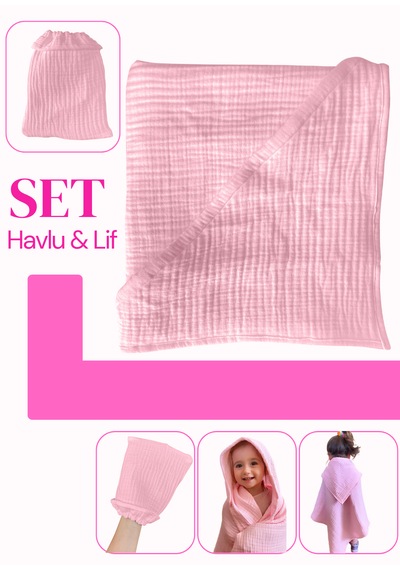 Joyous Mom Kids Organik Muslin Banyo Kese Ve Havlu Seti Pembe
