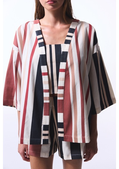 Penti Shay Striped Etnik Desen V Yaka Oversize Kimono