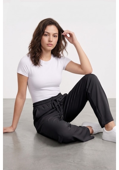 Genius Store Kadın Pantolon Beli Lastikli Cepli Rahat Kalıp Kadın Spor Pantolon Siyah