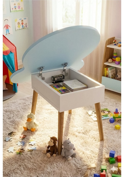 Çocuk Masası & Çocuk Sandalyesi Happy Face Sevimli Figürlü Set Mavi
