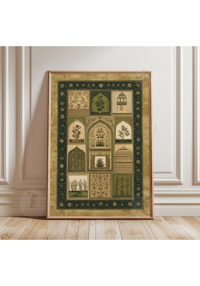 Farsça Botanik Panel Poster Yeşil İslami Duvar Sanatı Vintage Çiçekli Mimari İllüstrasyon