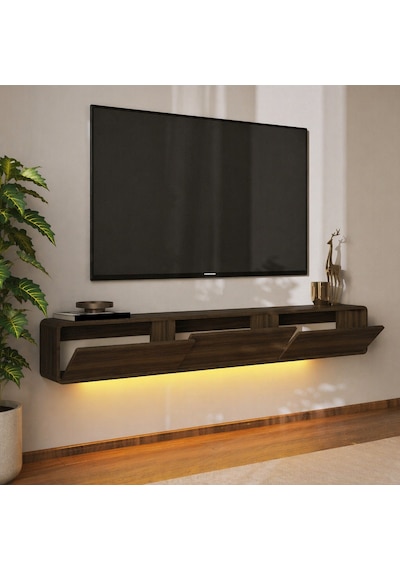 İnarch Dizayn Alba Led Işıklı Duvara Monte Tv Sehpası - 3 Kapaklı Tasarım Ceviz