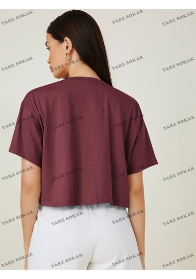 Flood Of Style Crop Ckod-232913 Pamuk Damla Omuz Düz Kısa Bordo