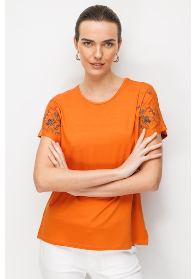 Kadın Sıfır Yaka Nakış İşlemeli Düşük Kollu Penye T-shirt Turuncu Turuncu