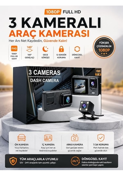 Wi-fi App Destekli 1080p 3 Kameralı Araç İçi Araba Kamerası Gece Görüşü & 140 Geniş Açı Dvr
