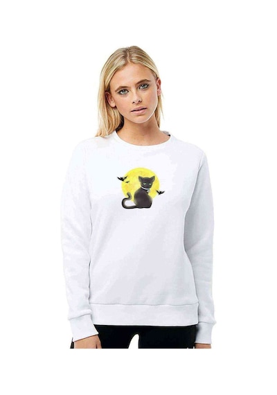 Cat On The Moon Baskılı Beyaz Kadın Sweatshirt
