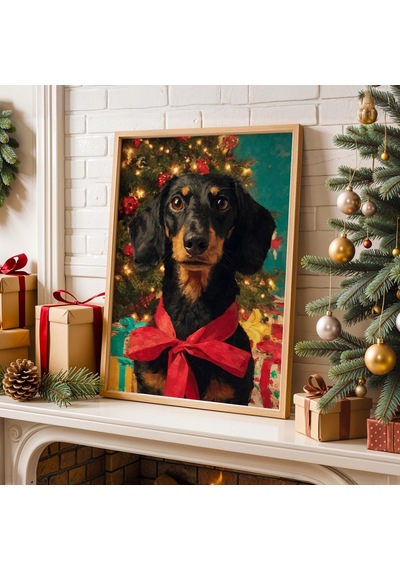 Sevimli Köpek Noel Duvar Sanatı, Kırmızı Fiyonklu Şenlikli Tatil