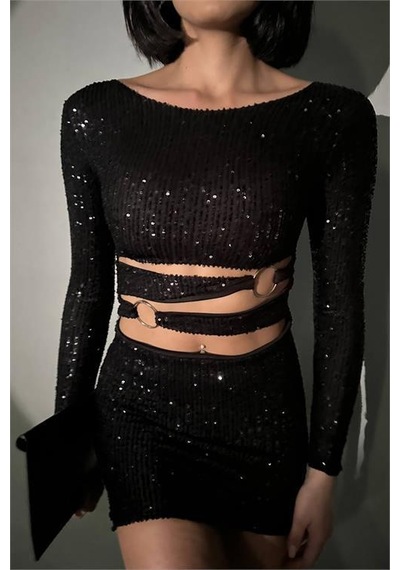 Dip Moda Kadın Siyah Halka Detyalı Mini Pul Payet Elbise Dpnbdf106 Siyah