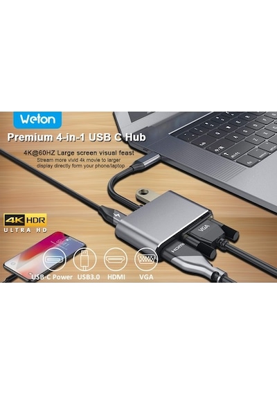 Type-C 4 In 1 4K Hdmı Vga Usb 3.0 Type-C Şarj Girişli Adaptör