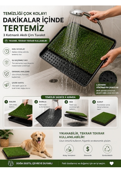 Premium Akıllı Çim Tuvaleti Kedi Ve Köpekler İçin 3 Katlı Yıkanabilir Büyük Boy 80x60