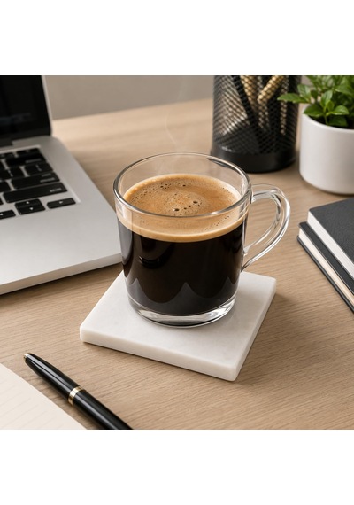 Arvale 2'li Doğal Beyaz Mermer Bardak Altlığı 10x10 Cm Kaymaz Kauçuk Ayaklı Lüks Masa Altlığı