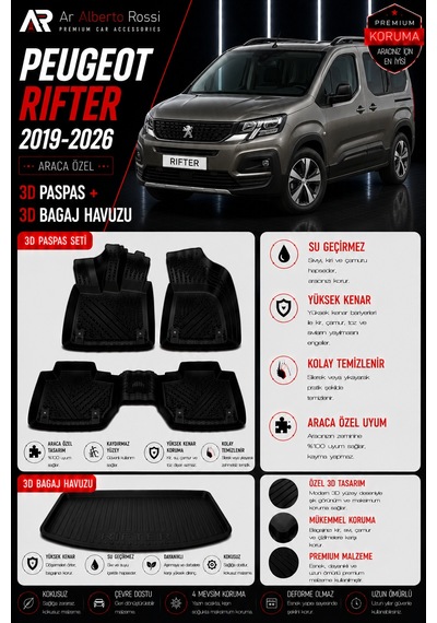 Peugeot Rifter 2019-2026 Araca Özel 3d Paspas + 3d Bagaj Havuzu