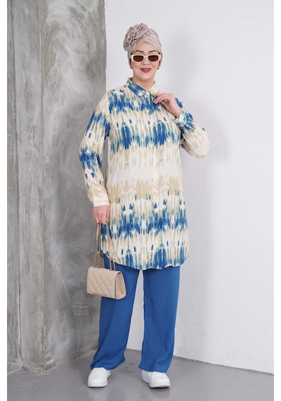 Polologin Butik Mavi Bej Blok Desenli Tunik Pantolon Takım Mavi & Bej & Lacivert