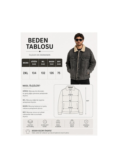 Neco Giyim Erkek İçi Yünlü Kürklü Kot Ceket Antrasit Oversize Denim Kışlık Mont Füme
