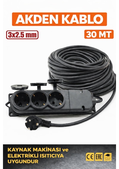 Kablo 30metre 3x2,5mm 3 Lü Uzatma Kablosu Tam Kesit Kaynak Makinası Kullanıma Uygundur 30 M