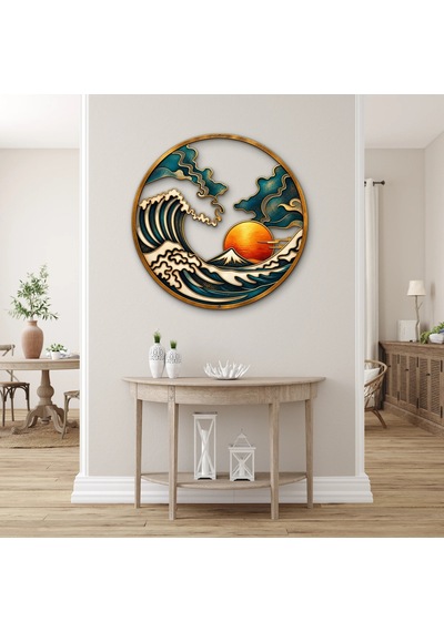 Japon Dalgası Madalyon - Metal Tablo - Dec0192 60 X 60 Cm Çok Renkli